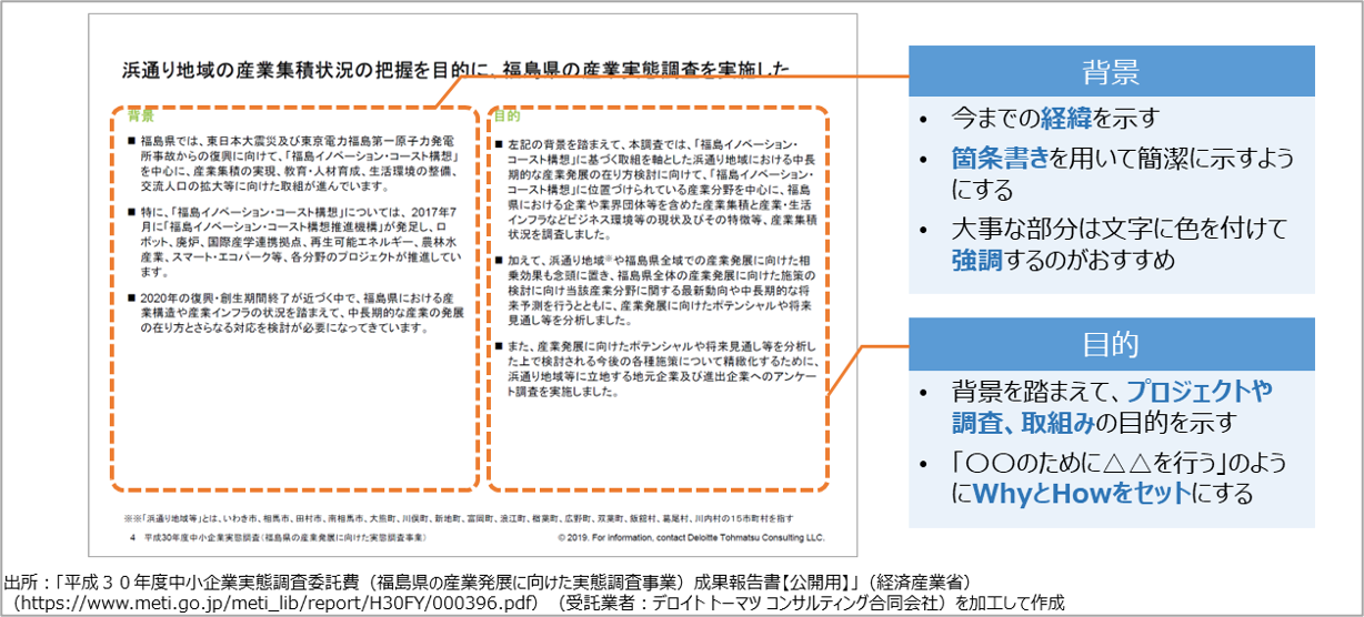 調査報告書の冒頭で背景と目的を整理したスライド例。背景で過去の経緯を、目的で今後の方向性を示している